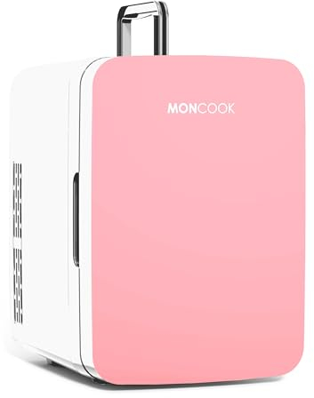MONCOOK Mininevera para Dormitorio - Pantalla Led - Minifrigorifico con Puerta De Cristal para Productos De Belleza, Alimentos Y Bebidas - Funcion De Enfriamiento Y Calentamiento - 10L Rosa