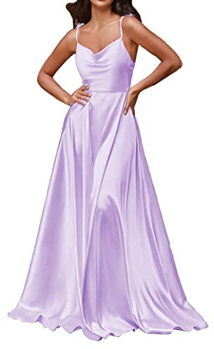 Vestidos De Dama De Honor Satén Fuera Del Hombro Sin Mangas Cuello Barco Largo De La Dama De Honor Vestidos Una Línea, Lila, 42