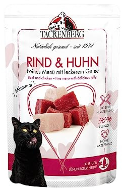 TACKENBERG Katzenfutter Rind und Huhn, Nassfutter für Katzen - 12x85 g - Hochwertiges Katzennassfutter für eine ausgewogene Ernährung in Premiumqualität - ohne Zuckerzusatz