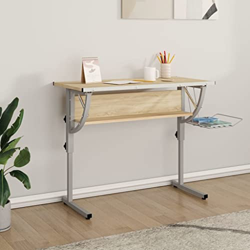 MNISDFL Escritorio para videojuegos, mesa de ordenador, mesa para manualidades, roble sonoma y gris, 110 x 53 x (58-87) cm, madera