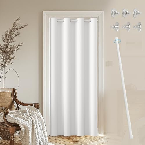 JCyh Cortina Puerta con Barra Extensible y Botón Magnético, Cortinas Termicas Aislantes Frio y Calor Ojales,1 Pieza Cortina Opacas para Salón, Cortina Cocina Puerta, Cortina Blanco + Barra Blanco