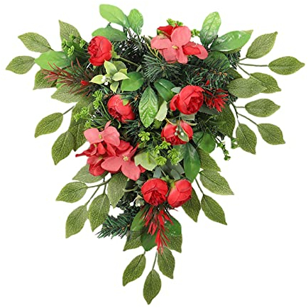 Corona Artificiale a Goccia, Corona di Ortensia con Germogli di Tè Rosso con Foglie Verdi, Ortensia con Germogli di Tè Rosso Capovolto Albero Pianta Verde in PVC, Ortensia Rossa(Verde e rosso)