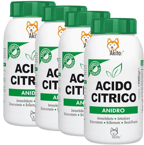 Akitaink Acido Citrico in Polvere 100% Puro, Naturale ed Ecologico - Multiuso per Casa: Ammorbidente, Anticalcare, Brillantante, Disincrostante e Decalcificante - Confezione da 4 kg