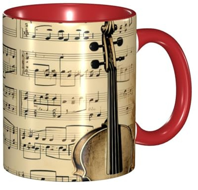 Taza de café de porcelana de 11 onzas con asa, notas musicales en taza de café de papel antiguo para oficina y hogar, taza de bebida con leche para café, té y leche, tazas de té de cerámica coloridas