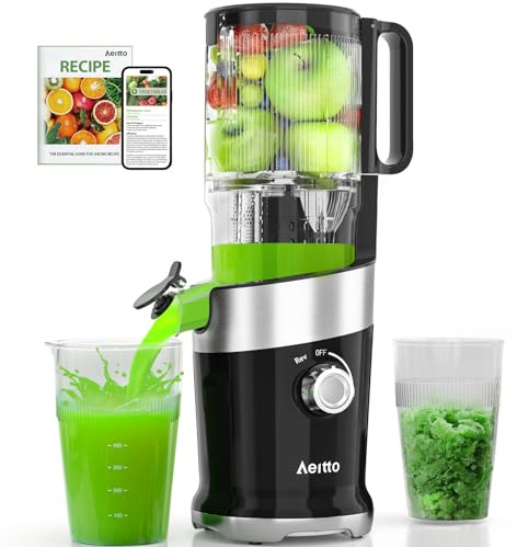 Cold Press Juicer Fits Whole Fruits, Aeitto Masticating Juicer Machines with Wide Feed Chute, Juice Extractor Machine Easy to Clean, High Juice Yield, Easy to Assemble, Self Feeding
