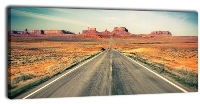 wandmotiv24 Leinwandbild Panorama Nr. 368 Monument Valley mit Strasse 100x40cm, Keilrahmenbild, Bild auf Leinwand, Monument Valley Wüste Stein