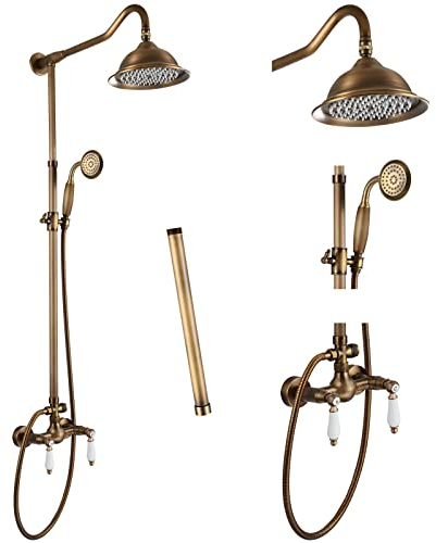 Aolemi Shower Faucet Antique Brass 8 Inch Rainfall Shower Head 12 Inch Extension Tube Included Handheld Spray Shower Fixture Dual Lever Handle Mixer Bathroom Shower System Combo Set Wall Mount