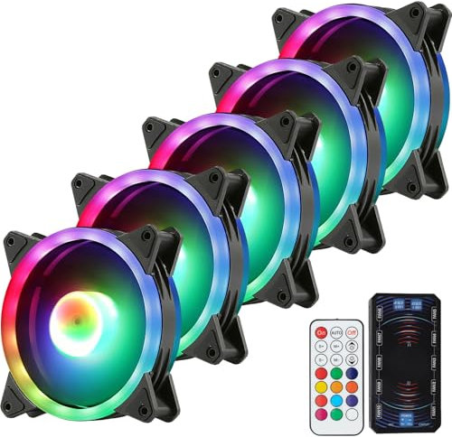 5 x 120mm Dual-Ring RGB Case Fans Set With Fan Hub And Remote Control, Adjustable Speed and LED Brightness, Quiet & High Airflow - 5 Pack