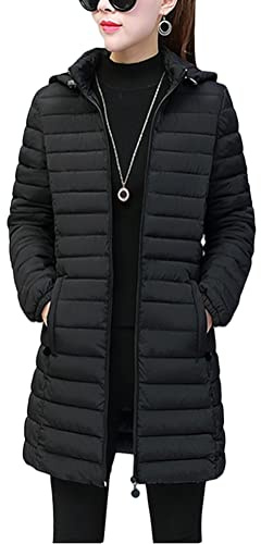 ORANDESIGNE Femme Veste en Duvet Manteau Matelassé à Capuche Léger Veste Coupe-Vent Mince Veste d'Extérieur Mi-Longueur Doudoune Légère a Capuche Blouson Hiver Chaudes B Noir XL