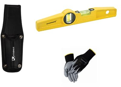 Gerüstbau Magnet-Wasserwaage 25cm, Alu-Gussprofil, starkes Magnetsystem, 1 Horizontal-Libelle, 1 Vertikal-Libelle, Gelb inkl. Wasserwaagen Tasche, inkl. Arbeitshandschuhe
