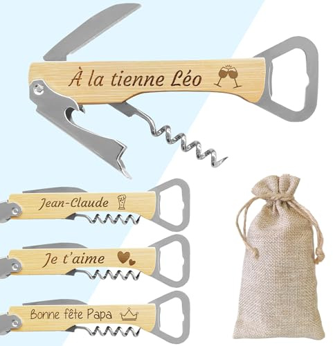 KDO MAGIC - Personalisierte Korkenzieher - Flaschenöffner personalisierbar - Eingravierter Name - Korkenzieher Sommelier Holz und Edelstahl - Geschenkidee für Männer, Väter, Vatertag (Motiv: Wein)