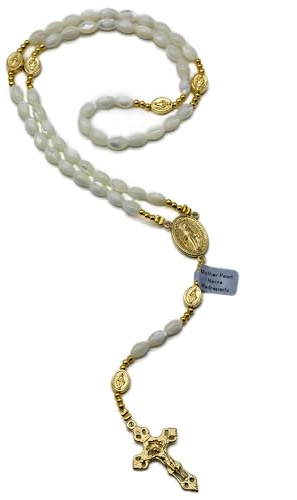 OVUNQUE PROTEGGIMI Rosenkranz aus Perlmutt der Wundertätigen Jungfrau Maria mit Goldmedaille und Kruzifix, M, Messing, Perle