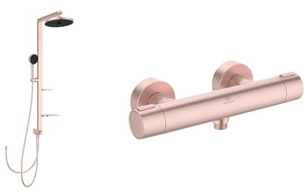Set aus Ideal Standard BD585RO Alu+ Duschsystem mit 2 Ablagen, 2-Funktionshandbrause, 2-Funktionskopfbrause und Brauseschlauch 175cm, Rosé + BD582RO Alu+ Brausethermostat für Dusche