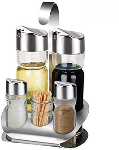 ABNNHK 5-teiliges Menage-Set aus Edelstahl, Salz-, Pfeffer-, Öl- und Essighalter mit Zahnstocherbox, Speiseölspender, Essigflasche, zum Kochen, Salat, Grillen, Küche