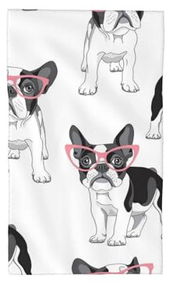 HDTVTV Schwarzer Frenchie Cartoon Französische Bulldogge Rosa Brille Weißer Hund， Strapazierfähiges Waschlappen-Handtuch, Reise-Waschhandtuch, 40 x 70 cm