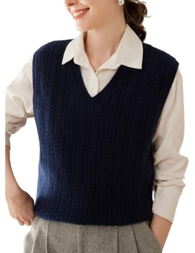 Valin Damen Kaschmir V-Ausschnitt Zopfmuster Pullunder,Blau,36