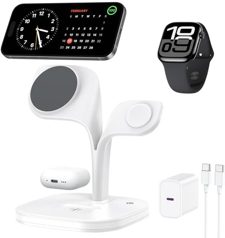 3 in 1 Wireless charging Station for Apple Devices,MagSafe Wireless Charger Magnetic Charging for iPhone 17/16/15/14/13/12 Series, AirPods Pro 4/3/2,Apple Watch Series/ultra (with 20W PD Charger)