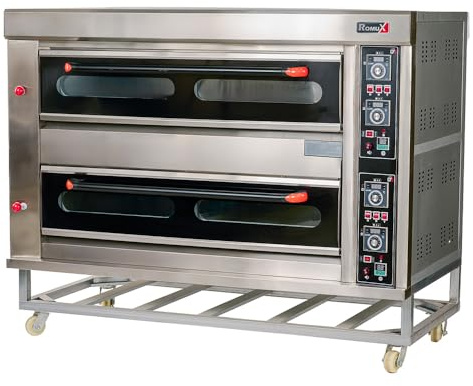 Romux® Forno per pizza industriale doppio a gas 8+8x32 cm con pavimento in ceramica refrattaria e termostato di qualità | temperatura max 400°C - 30000W | Forno professionale per bar e ristoranti