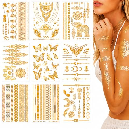 9 Blatt Gold Flash Tattoos Erwachsene, Gold Temporäre Tattoos Metallic, Festival Tattoos Zum Aufkleben, Gesichtstattoo Körpertattoo Für Frauen, Goldene Tattoo Aufkleber Für Party Hochzeit Karneval