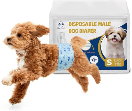 Flygande tassar hundblöjor män 52 st S, engångsvätskeindikator för hundblöjor, justerbara superabsorberande varningar, läckagesäkra magband för valpinkontinens