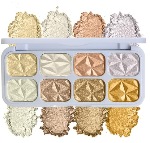 8 Farben Highlighter Make Up Paletten - Funkelnder Diamant-Perlglanzeffekt Multifunktionaler Highlighter Palette, Farbaufhellend Make-Up Highlighter mit Spiegel für Gesicht, Hals und Körper