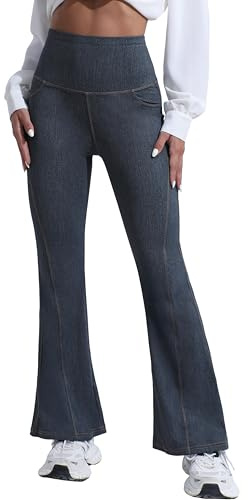 GRECERELLE Dambyxor, yogabyxor, joggingbyxor, hög midja, fritid, utsvängda jeans för kvinnor, sportbyxor, elastiska jazzbyxor, arbete, ledig, kontor, yogabyxor med fickor, Mörkblå, L