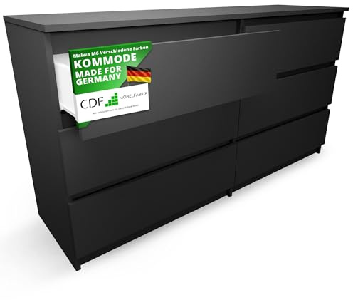 CDF Kommode Schwarz mit 6 Schubladen 40 cm Tief Komodenschrank Komode für Wohnzimmer Schlafzimmer Schubladenschrank Malm Kommode viel Stauraum Geeignet Organizer Kleidung 138 cm Breite Modern Look