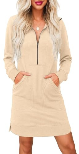 PrinStory Abito Maglione da Donna a Maniche Lunghe con Mezza Zip Scollo a V Vestito in Felpa con Tasche Laterali, Beige, M