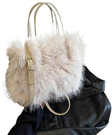 FREOJGU Plysch väska fuskpäls tygväska kvinnor hink plysch design damer mjuka handväskor vinter axelväska Bolsa Feminina, Beige färg, Taille unique