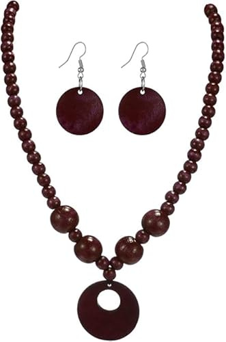 Liiusgelad Vintage Wooden Round Beaded Choker Necklace Earrings Set (brown)