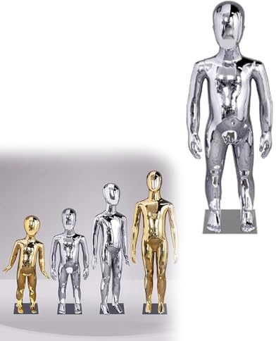 Mannekäng Barnstorlek Mannekängtorso med Huvud och Händer I Helkroppsform, Glansig Glasfiberklädformsdocka för 10-12-årigt Barn, Klädbutiksvisningsdummy(Silver,Height 85cm/33in)