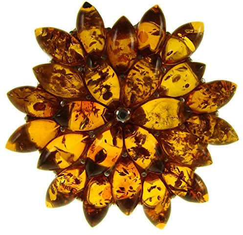BALTIC AMBER AND STERLING SILVER 925 DESIGNER COGNAC FLOWER LEAF BROOCH PIN JEWELLERY JEWELRY