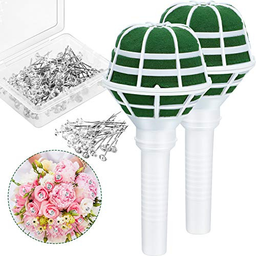 Boao 2 Pcs Bridal Bouquet Holder with 50 Pins, Foam Handle