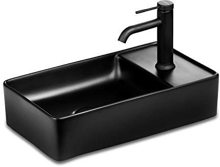 STILFORM Gäste WC Keramik Waschbecken für Wandmontage oder Aufsatzwaschbecken mit Hahnloch in 46 x 25 cm in Brillant Weiß oder Schwarz matt