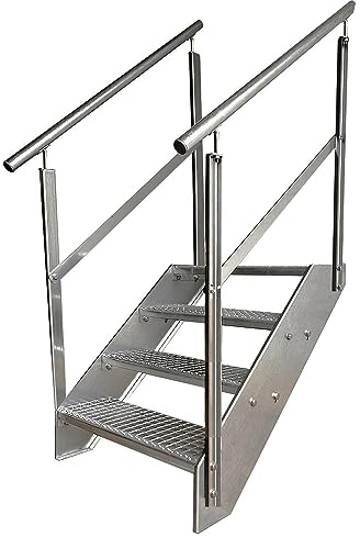 Kaminbau Mierzwa Premium Stahl Treppe Beidseitiges Geländer Verzinkt 4 Stufen (Breite 1000 mm) (Höhe 76 cm) Wetterfest Gitterroststufe Gartentreppe