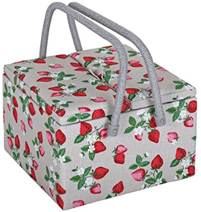 Hobby Gift Esclusivo grande contenitore per cucito e hobby con doppio coperchio, vassoio per accessori, tasche per puntaspilli, manici in PVC, 25 x 25 x 17 cm, fragole