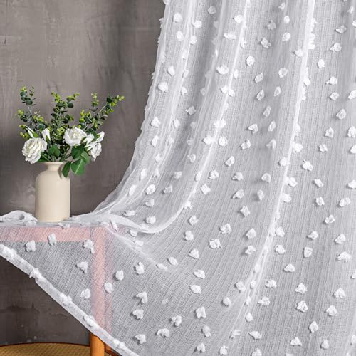 MYSKY HOME Gardine Weiß 2er Set Vorhänge mit Ösen Sheer Voile Vorhang Kinderzimmer Gardinen Wohnzimmer Modern Stickerei Ösenschal Transparent Dekoschal für Schlafzimmer H 160 x B 140 cm, Weiss