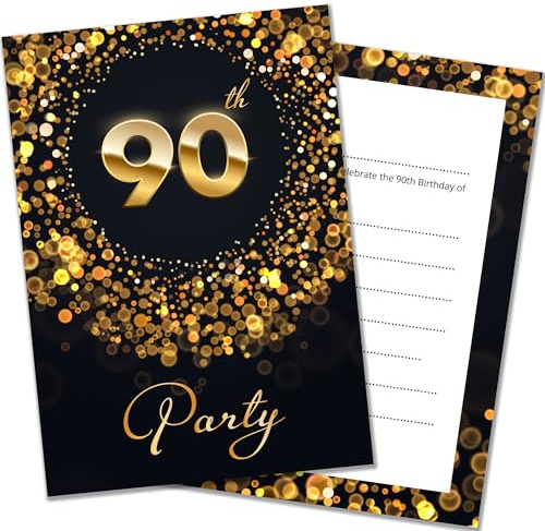 Olivia Samuel 20 x 90th Birthday Party Invitations with Envelopes - Ready to Write - Black and Gold Effect - Designed and Printed in the UK
