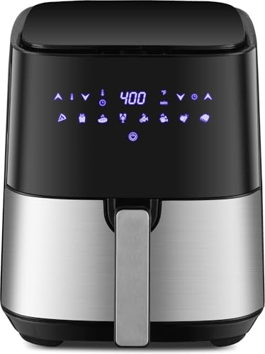 UBOON - Freidora de Aire 5L Acero Inoxidable 1450W Digital Tactil Dietetica Aire Caliente 360º 8 Funciones Preestablecidas