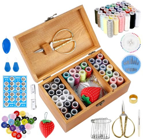 Holz Nähkasten mit 186 Nähzubehör, Nähwerkzeuge Grundausstattung, 3 Zellen Nadelfaden Aufbewahrungskoffer, Nähkasten Enthält Nähgarn Nadeln Schere Knöpfe usw (21.4 x 13.5 x 9 cm)