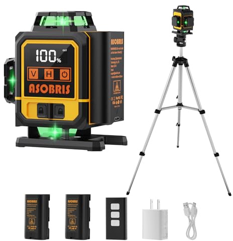 Niveau Laser avec Trepied 360° x 4,ASOBRIS 4D 16 Lignes Laser Chantier Autonivelant,Lazer Niveaux Vert Laser Exterieur,Laser Niveau 2x2400mAh Batterie,Support Rotatif Télécommande Mode Impulsion (1)