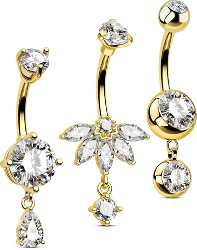 OUFER Body Piercing 3PCS Belly Button Bars Dangle Navel Rings 316L Stainless Steel Belly Button Rings Piercing 14G Cute Navel Belly Piercing Jewelry