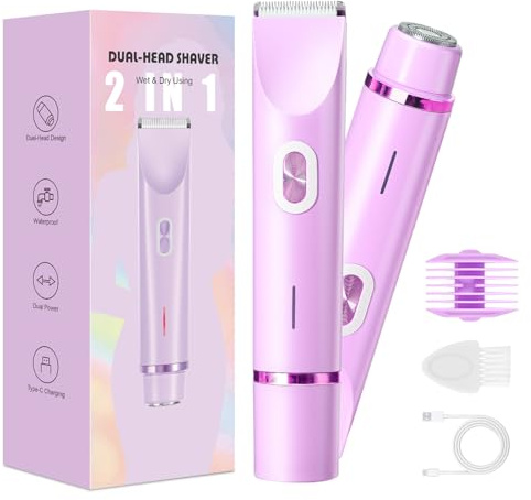 Rasoir intime 2 en 1 pour femme - Double tête - Avec chargement USB-C - Rasoir électrique pour le visage, les jambes et les bras - Tondeuse bikini avec tête de coupe étanche, facile à nettoyer (violet