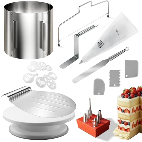 Menz Tortenschneider-Set, 24 Teile - Tortenheber, Tortenring verstellbar hoch 15 cm, Tortenschneider, Tortenplatte drehbar, Streichpalette, Winkelpalette, Spritzbeutel mit Tüllen, Tortenschablone