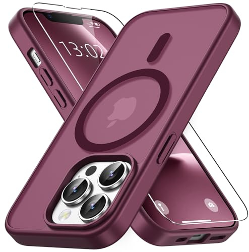Vansdon Magnetisch für iPhone 13 Pro Hülle-Weinrot | mit 1 Schutzglas, Kompatibel mit Magsafe, Fallschutz nach Militärstandard, Transluzente Matt Rückseite Stoßfeste Handyhülle