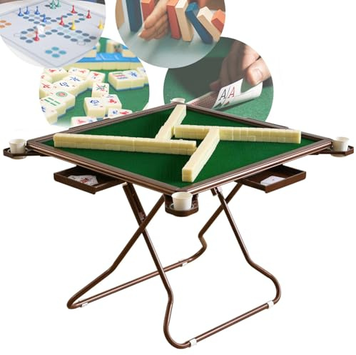 Fällbart Mahjongbord, fyrkantigt spelbord för 4 spelare med kopphållare och låda, bärbart kortbord för Mahjong-, Poker- och dominospel