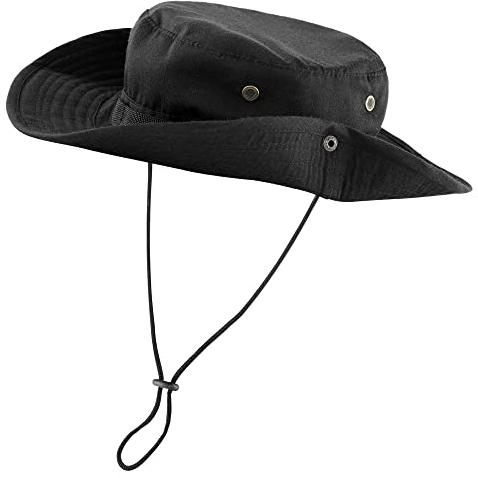 Faleto Outdoor Hut Buschhut Boonie Hat mit Kinnband Fischermütze Sonnenhut Sommerhut für Herren Damen, Schwarz, passt für Kopfumfang 60cm