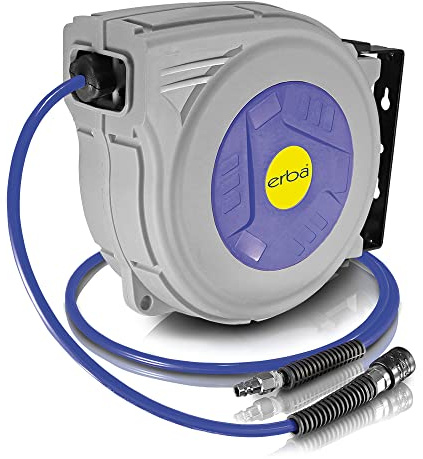 Erba 20042 Automatik Drucklufttrommel mit 15m+1,5m PU mit Stopp-Funktion, Grau/Blau, Schlauchaufroller, Werkstatt, Druckluft