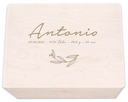 hellomini Personalisierte Erinnerungsbox aus Holz • Gravierte Aufbewahrungsbox mit Namen & Geburtsdaten • Geschenk zur Geburt, Taufe & Geburtstag • Hochwertige Baby-Erinnerungskiste (Blätter)