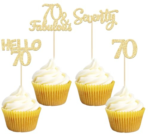 Gyufise 24 piezas de adornos de magdalenas de 70 cumpleaños con purpurina dorada, 70 y fabulosas selecciones de magdalenas para 70 cumpleaños, suministros de decoración de pasteles de 70 años